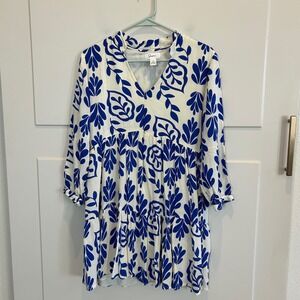 Jopaa Blue White Leaf Print Tiered V Neck 3/4 Sleeve Mini Dress M Boho Island